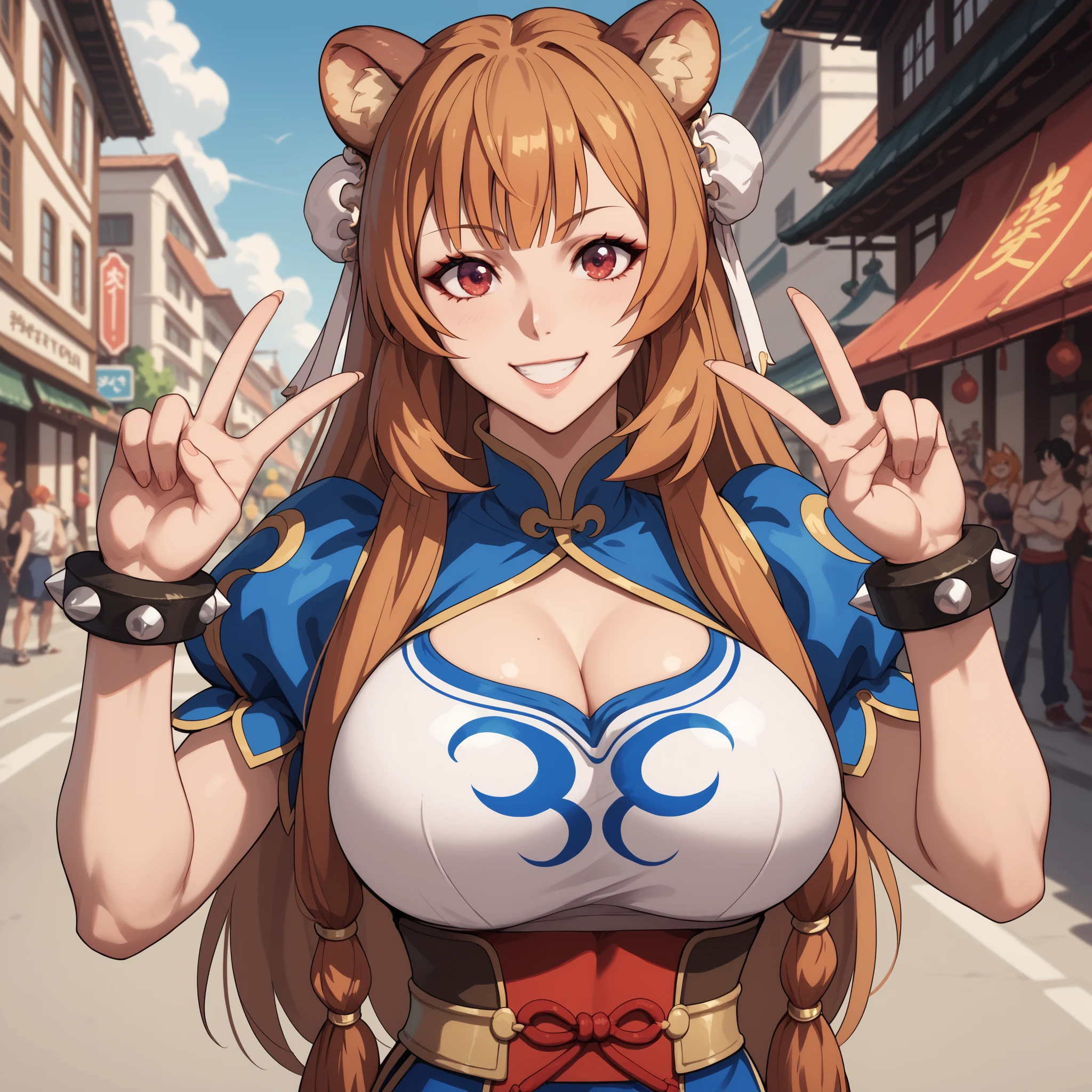 raphtalia, orange hair , detailed red eyes, cheerful smile, Chun Li of Street Fighter costume,, Big breasts. . Background a Chinese city ( big breasts.), V sign.