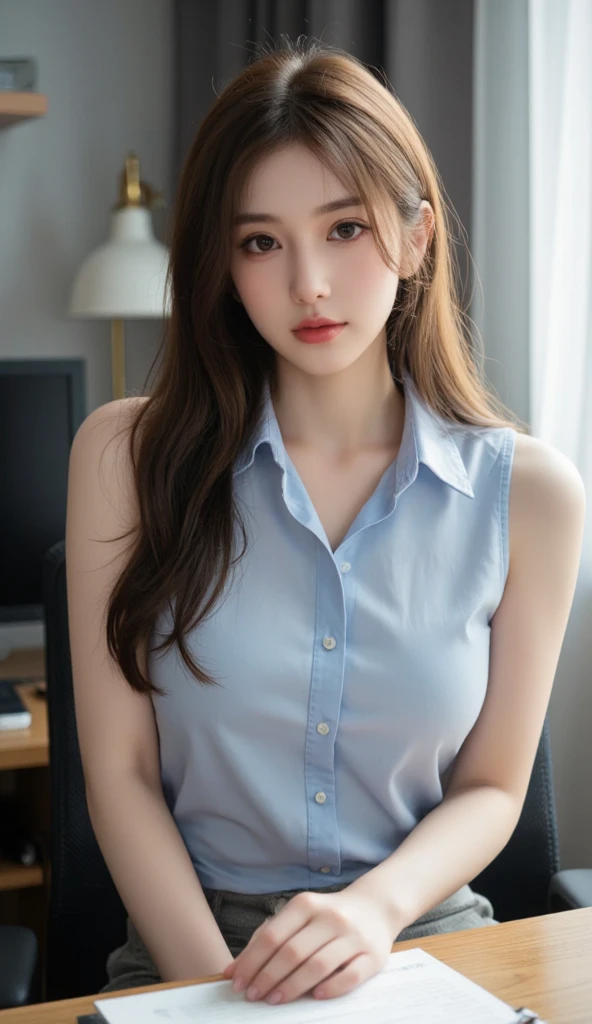Gorgeus Girl, Beautiful, Baby Face, 20 Years Old, White Skin, Sexy Pose, woman trousers, Blue Eye, Bokeh, bedroom hotel Background, Masterpiece, Fullbody Shot, business suits, long red shirt