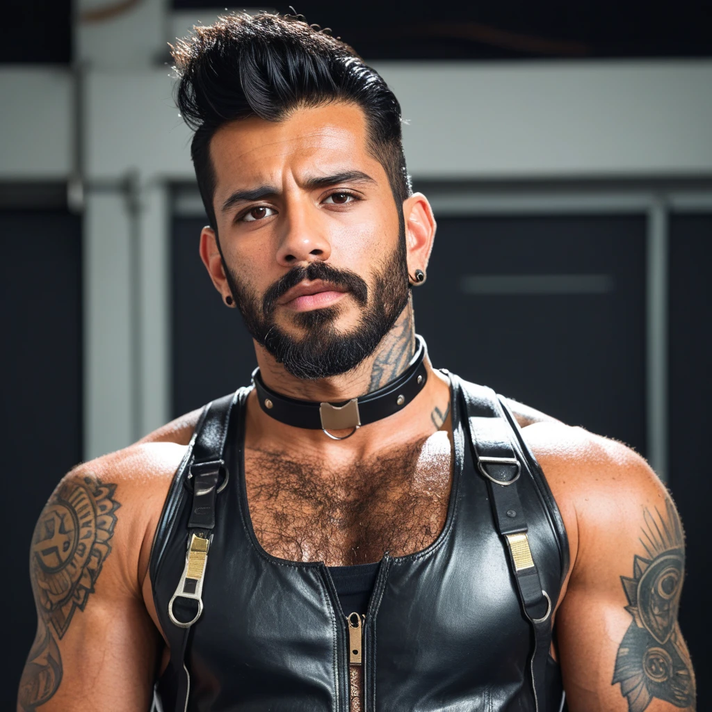 (masterpiece, intricately detailed, highest resolution, best quality:1.2), (doujin), a cocky instagram influencer, a 36 y.o muscle dom with a muscular physique sitting on a chair with blue eyes,ntattoo, ((neckline_tattoo)), dark-skinned male, clean shaven, wearing a ((chest gay harness, big necklace, chains, chav, armbands)), ((excessive cum)) ((cum on body)) (cum drip), flaccid penis,saggy balls,hairy chest,vascular,muscle striations,soft light,fantastic realism, colth, hdsrmr