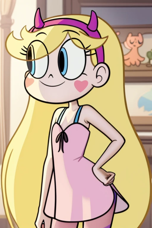 (masterpiece, best quality, high resolution:1.4), 1girl, woman, star erfly, flat torso, happy, cloud outfit, pouch, horn_hairband, dress, skinny body, cartoon characters, looking at viewer, pant upskirt few, green striped panties, pantiesfocus, unw, skirt lift, lowered panties, back view, wet legs,