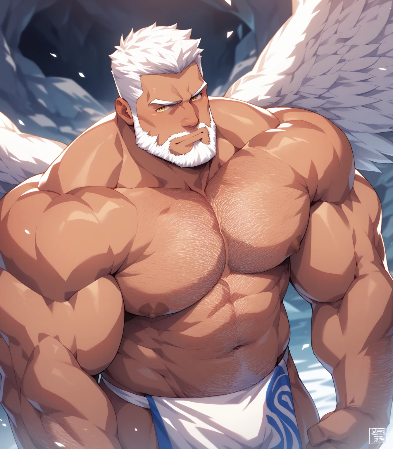 A giant muscular old man, grey hair, manly, huge ass, growing more and more, torn garments, peito huge ass, brave face, bravo, angry, imposing presence, incredible strength, head looking above, looking at the sky, muscular arms, thick, muscular legs, Robust appearance, immense power, dominant, Unstoppable strength, overwhelming aura, monumental strength, corpo huge ass, muscle definition, crushing musculature, colossal strength, Epic Proportions, invincible titan, Intimidating Enforcer, manly, sexly, manly, black skin, dark olive skin color, blue eyes, nose with pronounced bridge and outward curve that protrudes from the base of the nose, oiled skin, absurdly huge nose, hawk nose, big old man nose, concave nose, well groomed grey moustache, (80 years old daddy), enormous nose, eagle like nose, veins, sharp well groomed grey beard