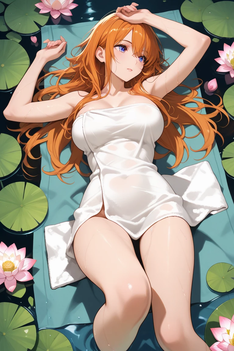 1 girl, long white twintail hair, purple eye, sports late, realistic, bathrobe, (hot spring), ((orange detailed lace lingerie))side lighting, wallpaper, NSFW,squat down and spread your legs,ideal style、High quality