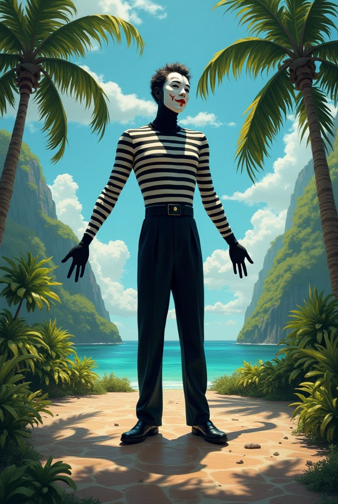 Surreal full body photograph of a man, male, focus on a man, very muscular and very tall (he is 6 feet and 5 inches tall), he has one hand on the back of his head and his head is shaved, where he has body paint with paints like a chess game all over his body that covers all his skin, she has a half white hat and the other half black, she wears white rubber gloves, black men's shoes on stilts, the bikini has a chess game design, there is a sea where the water is turbulent and in the background there is a large lighthouse to navigation, sand is replaced by black and white tiles, good quality, masterpiece., 8k, best quality, UHD, masterpiece, accurate, textured skin, anatomically correct, super detail, high details, award winning, high quality, best quality, highres, 8k