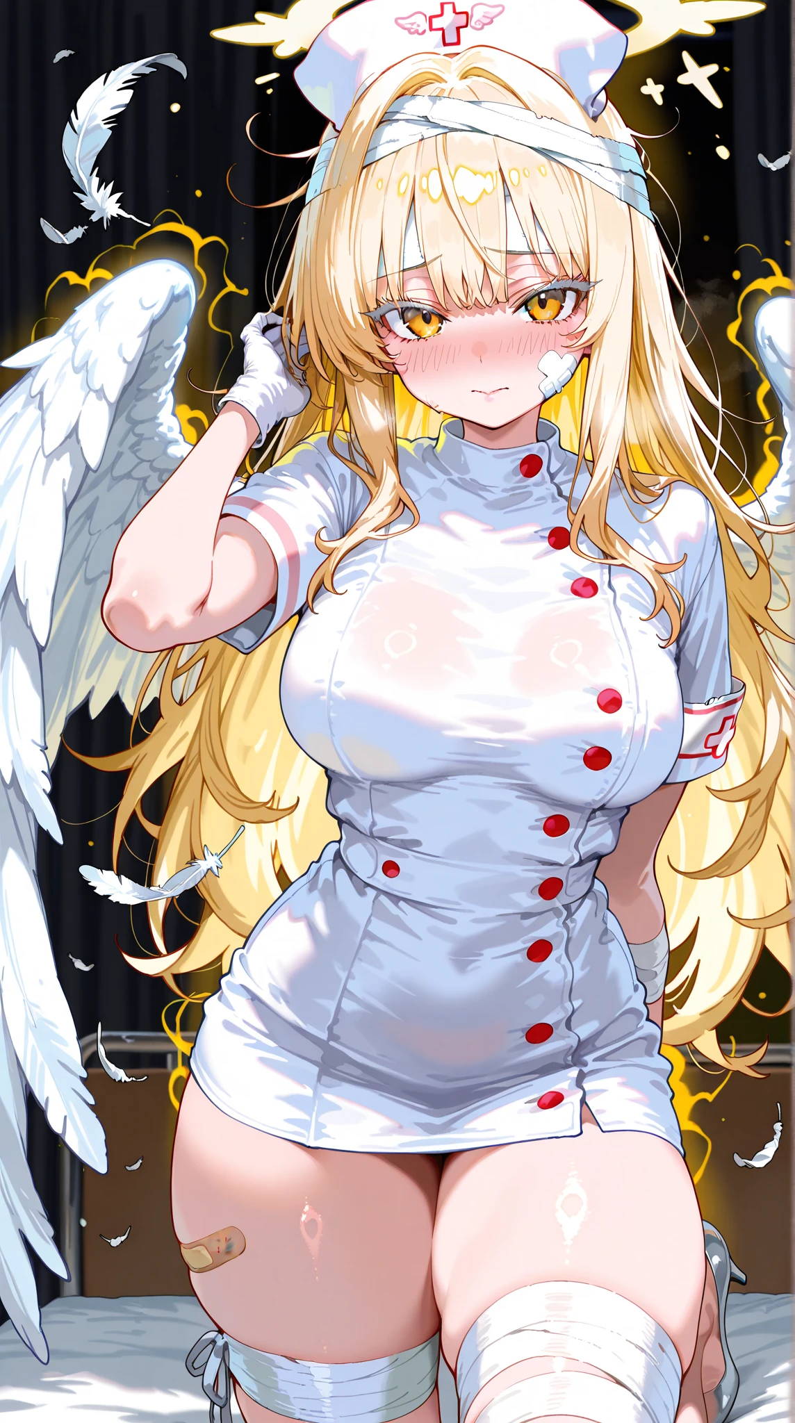 ((Best Quality)), ((Masterpiece)), (detailed), perfect faces, blonde hair, mint eyes, large breast, sexy, nurse bra, nurse lingerie, nurse underwear, cum in pussy, breast milk, angel wings,