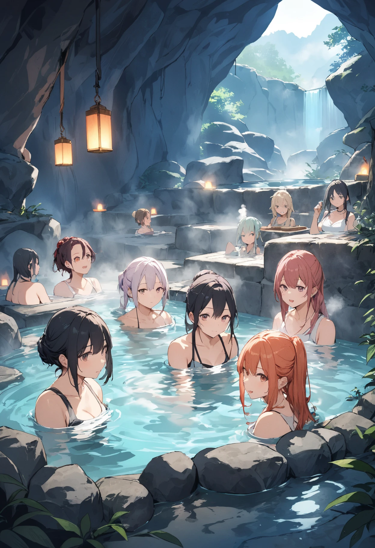 An offline meet-up of centaur women from around the world.
 Location: Beppu Onsen.
 Everyone is relaxing in the open-air bath.
 Everyone is cute and beautiful.
 Full Body Shot.
 group.
 masterpiece.