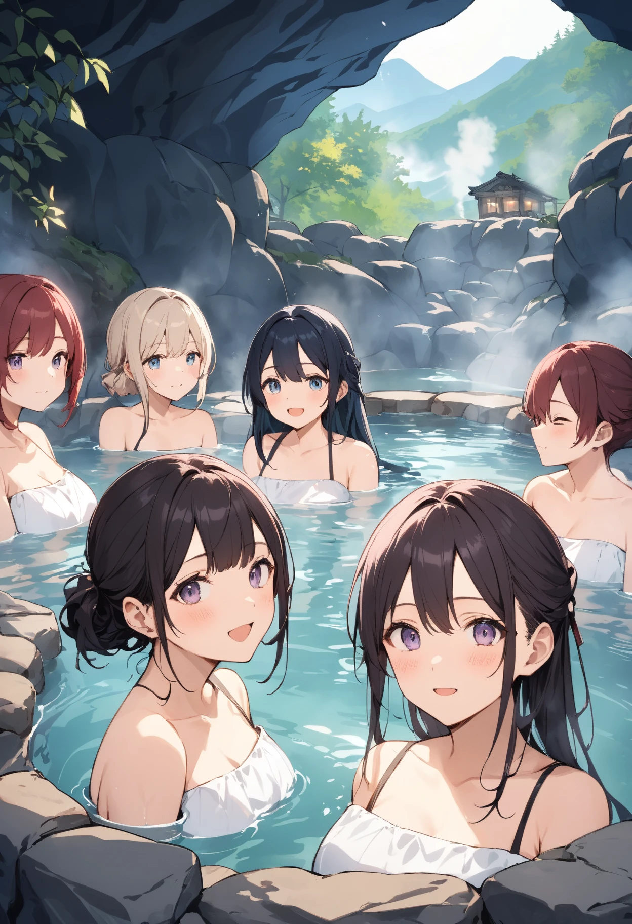 (masterpiece), best quality, (16k), expressive eyes, perfect face, lady, 3 girls, large breast, navel, (((topless))), (((wet cobalt blue solid pencil mini skirt))), bare arms, bare legs, shiny skin, wet body, outdoors, in the waterfalls, wading, brown hair, wet hair, Lower ponytail, closed eyes, :), standing, (upper body), ((from behind)), rainy day,