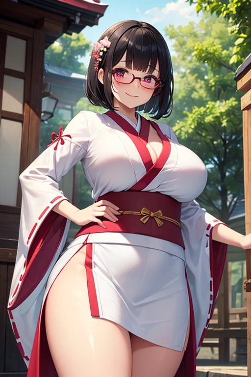 highest quality、High resolution、detailed background、cute10代の美少女、two women、brown hair、bob cut、braided hairstyles、(huge breasts:1.3)、realistic、perfect body line、 pink floral embroidered panties、No bra、cute巫女服、light colored glasses、Glasses、 happy look、smile、sexual expression、Calm atmosphere、 shrine maiden、participate in rituals and festivals、 Perform sacred rituals to offer prayers and blessings in front of the shrine together with the shrine.'chief priest and priests.、 Guide the worshipers、Explaining the rules and etiquette of the shrine.、 It plays the role of supporting worshipers so that they can worship properly.。.、 Seasonal events and events are held at the shrine..、May be involved in planning and management、 Preparation and practice for festivals and kagura、Helping the chief priest and priest at the shrine.、 Shrine management and ritual preparations、Day々business support、 The role of the shrine maiden、This is an important role deeply involved in the maintenance and development of shrine beliefs and festivals.。.、 Activities and services at sacred sites are open to the public..々we are expected to show appreciation and respect、 cute