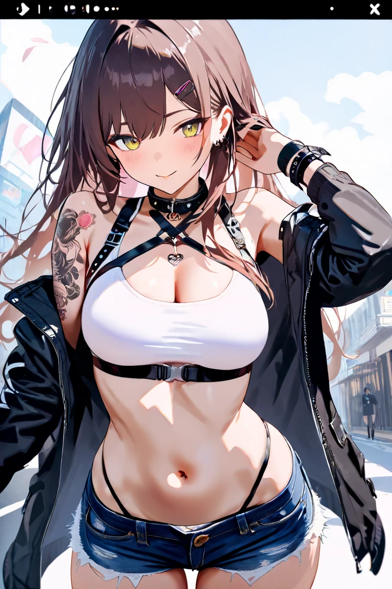 (best quality,4K,8k,high resolution,masterpiece:1.2),super detailed,(actual,realistically,realistically:1.37), Ultra high definition face, Woman posing for photo, seduct smile, attractive girl, jaw-dropping beauty, large breasts, large , biggest breast, huge breast,Thin waist and thick hips, hourglass figure, fitness model, rosy cheeks, Alluring with a smile,jirai kei