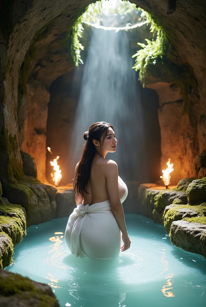 rembrandt yellow and blue lighting strong shadows woman(Black and Asian mix) with very light skin, very fit, long hair posing in an ancient bath glistening in the moonlight strong back light. The water drips from her body highlighting her curves magic fills the room waterfalls