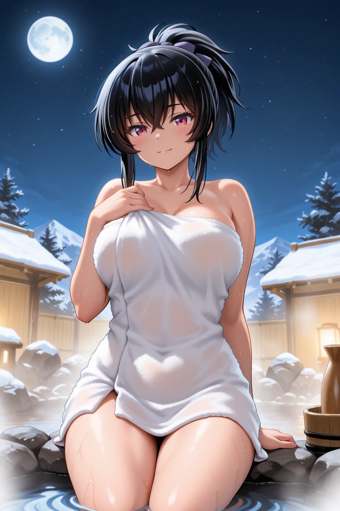 (best quality,ultra-detailed,realistic:1.37), 11years, Hinata, beautiful, nude body, full body, ponytail hair, pussy, standing, nude shoulders, standing, arched back, large breasts, pussy, vibrant colors, natural lighting, smile, hair ornament, necklace, hot spring, night, space, nebula, moon and stars, galaxy, planets