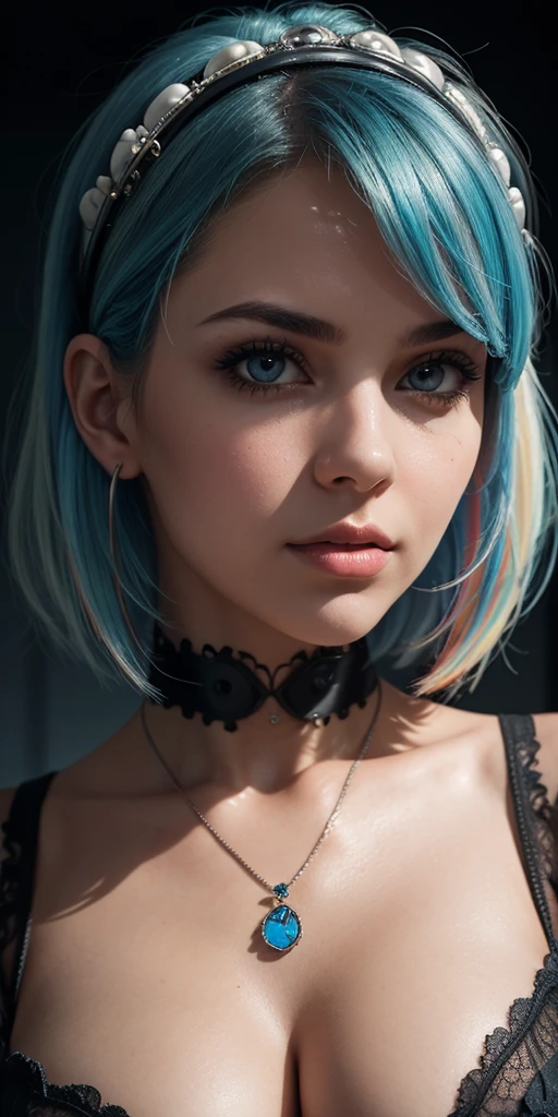 1 beautiful and sexy woman, pale white skin, bright blue eyes (vampire eyes), ((short hair, black and white hair, multi-colored hair, hair with white highlights)), perfect body, perfect abdomen, navel, black shirt sleeveless, neckline, black and gray plaid skirt, makeup, eye shadow, eyeliner, red lips, earrings, bracelet, necklace, choker, hair band, sexy and provocative look and expression, (AM190_Brigitte:0.99), ( (close-up portrait:1.3)), model shoot style, (extremely detailed CG unity 8k wallpaper), photo of the most beautiful work of art in the world, majestic professional, Atey Ghailan, Studio Ghibli, by Jeremy Mann , Greg Manchess, Antonio Moro, intricate, great detail, sharp focus, dramatic, photorealistic midjourney painting and greg rutkowski, (looking at cameras), (((closeup of upper body))).