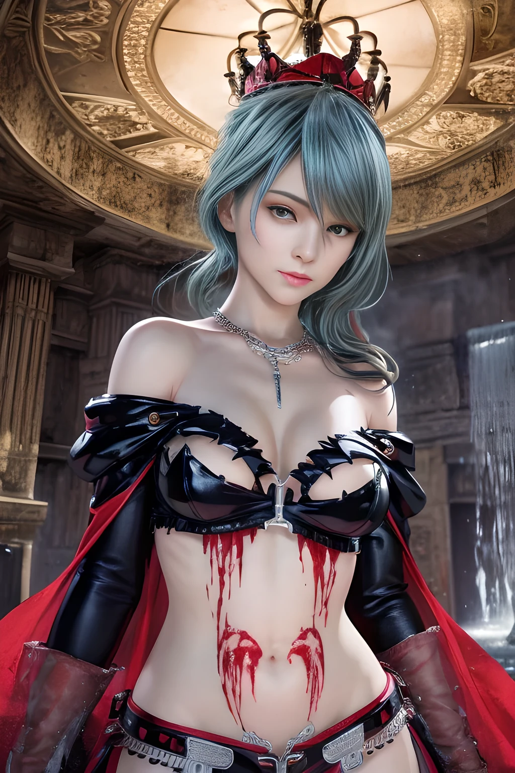 (High resolution,Tabletop:1.2),Super detailed,(Realistic:1.37),Portraiture,Slime Girl,Covered in red slime, (Partially transparent), (Wet), (Red sweat), Red liquid dripping from her body. Her hair is also covered in red slime.. Bright red slime scattered, Blonde Hair, blue eyes