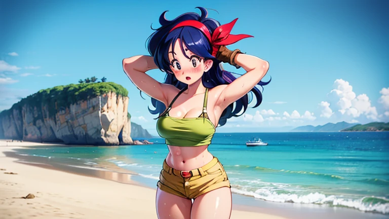 Obra maestra 4k, un primer plano de una persona en bikini ajustado en la playa, chica saiyajin OPPAI, goku femenino, ojos verdes, high quality anime art style, androide 18, [pezones muy detallados][pechos grandes oppai],fanart de alta calidad, personaje de anime femenino, personaje de estilo anime, pose rudo, lindosexyrobutts, estilo artgerm, yami kawaii, arte oficial, estilo artgerm, arte de personajes de anime, mujer anime, huge big breast, fat breast, perfect and sexy body, gordi buena, big tits, caulifla from dragon ball super, cuerpo sexualizado, ojos verdes, detailed nipples