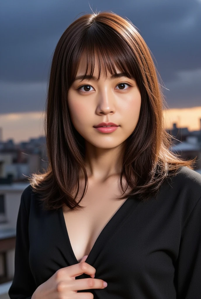 Highest quality, 8K, Tabletop, Realistic, Realistic, , (窓からはLate Nightの大都会の夜景、Ample breasts:1.2), Big Breasts, , , Abundant hips, Detailed face, Beautiful Face, , Beautiful woman,((Gray detailed eyes、Translucent skin texture、A shy smile、Fluffy hair、Light Brown Hair、Big city view from the window、Shaggy Cut、Floating Hair、、Cute Japanese Idols:1.4)). (、short hair、Floating Hair、Parted bangs、Bedroom、Sit on the bed、Place your hands on your feet、Late Night、indirect lighting、Sheer white bra and panties、Ample breasts、Looking into the camera:1.2))