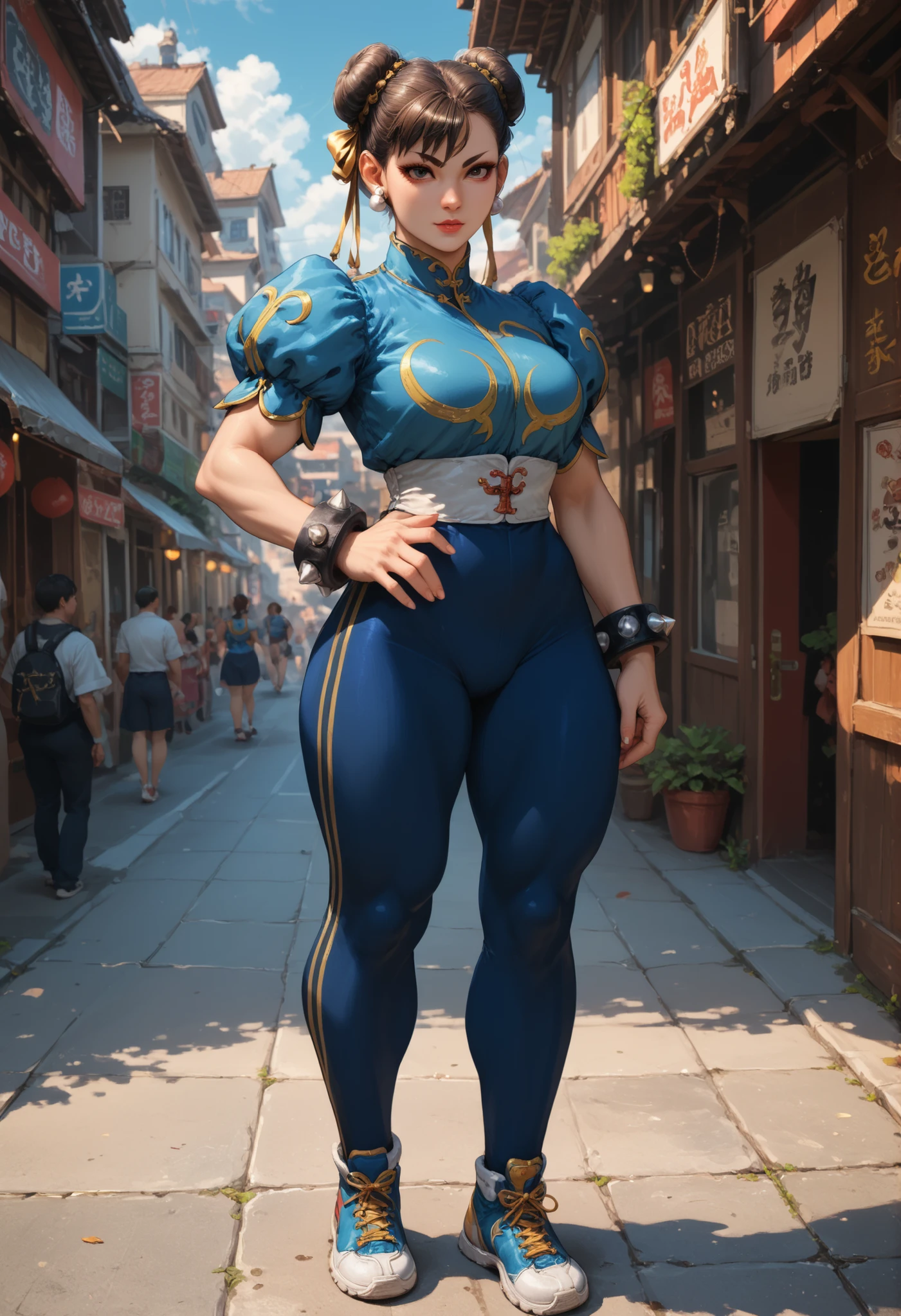(masterpiece, best quality:1.4), (standing on one leg:1.2), (1girl), (solo), sfa chun, blue vest, unitard, blue pants, skintight, yellow ribbon, short hair, sneakers, bare shoulders, looking at viewer, beautifull smile, beautiful face, highly detailed face, highly detailed eyes, subsurface scattering, realistic pupils, full face blush, full lips, detailed background, depth of field, volumetric lighting, sharp focus, absurdres, realistic proportions, 16k hdr, fullbody, street fighter, ((muscular:1.7)), (huge breasts:1.7), long legs, detailed legs, street fighter, sharp eyes, gym, (thick thighs:1.1), muscular legs, sweating, 4k, full body, ambient lighting, underboob, flexible