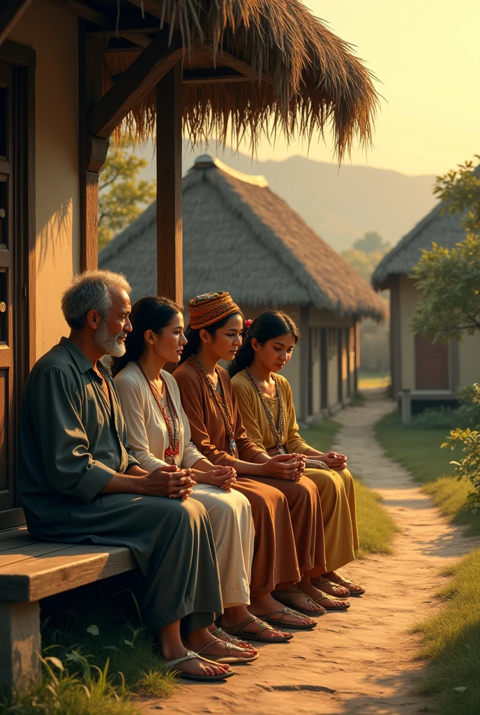 realistic photo of three people sitting outside a bamboo booth house at sunset. Two beautiful Indonesian women, one of whom is pregnant and wearing traditional clothes, while a young man with a mustache sits in the middle. The backdrop features bright skies and traditional elements such as simple windows and large trees, creating a serene atmosphere. There is text in the picture that says "bojo loro"