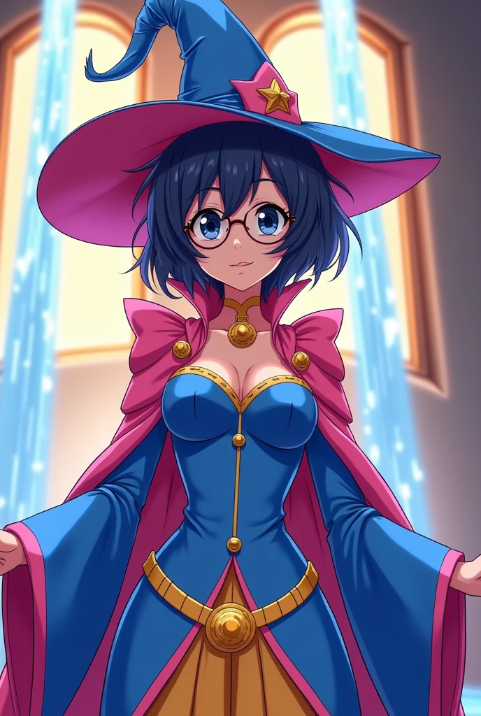 ((highest quality)), ((masterpiece)), (be familiar with), perfect face、Magical girl、young girl、I&#39;m thin and my bones are noticeable、big breasts、blue hair、fluffy short hair、red eyes、have a magic wand、a wand with a large red gem、half naked、wizard&#39;s hat、wide brimmed hat、Round big glasses、pure white skin、black robe、