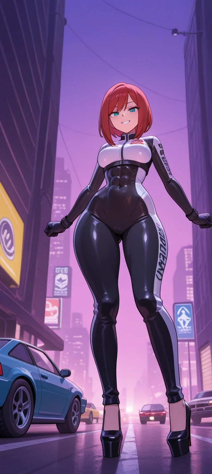 ultra realistic 8k cg, masterpiece, ((ultra detailed background,  intricate detail, highly detailed, fine details best quality, hyperdetailed face)), gigantic breasts ,beautiful lighting, absurdres, BoaHancockV2,  1girl, solo, red hair, long hair, jewelry, closed mouth, ), (black Spider-man costume, curvy, shiny clothes), blue eyes, complex detailed background, outside, standing on top of buildings at night), ((cowboy shot)), curvy, (gigantic breasts: 1.1), seductive smile, cowboy shot, curvy ass, big butt, bubble butt,