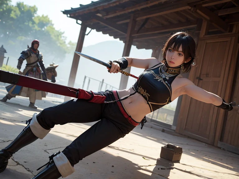 best quality, masterpiece, Ultra Detailed, symmetr, proportional, 8k, ((sfw, 2 beautiful human woman 25 years old, fighting with sword , crop top)), black skin, african, beautiful face, slim body, detailed hands, slim body, waist, proportional body, small breasts, fighting,