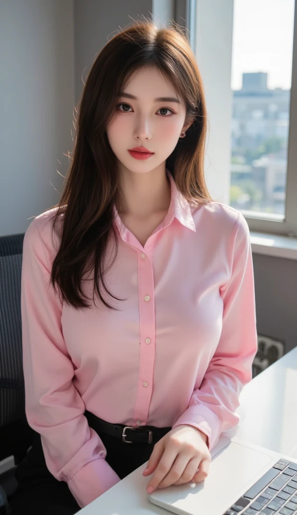 the Extremely Detailed CG Unity 8K Wallpapers, Best Quality, Ultra-detailed, ​master piece, Realistic, photos realistic, extremely detailed cute girl, 25-years old, (Secretary), (Glasses), blush,  Collared shirt  ,  (Showing pink panties) ,  , Sitting, Half body shot , Office ,