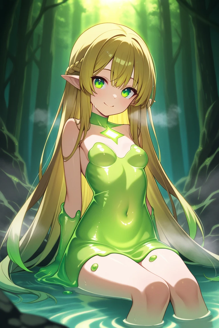 (1girl,solo),cowboy shot,standing,(blonde hair:1.6), long hair, low twintails,elf ears,(green eyes:1.2),(beautiful fingers:1.4),(perfect anatomy:1.4),(arms_behind_back:1.6),(cold_shoulder:1.4),BREAK,(green leather lace glossy silk lamé leotard:1.6),(latex luster shiny glossy metallic:1.6),(shiny_clothes:1.6),beautiful breasts,(thin thighs:1.2),masterpiece,best quality,(Ultra high definition eyes:1.2),8k,(Beautiful detailed eyes:1.2),(Fine and beautiful eyes:1.2),(pretty eyes:1.2),finely detail,extremely CG, absurdres,high resolution,illustration,Detailed and beautiful outlines,finely detail,high resolution,(colorful refraction:1.4,Increase saturation:1.2),beautiful lighting,dynamic lighting,closed room,black background,simple background, smile,looking at viewer,sui,suidefault,suidress,green dress,(green thigh boots:1.4)