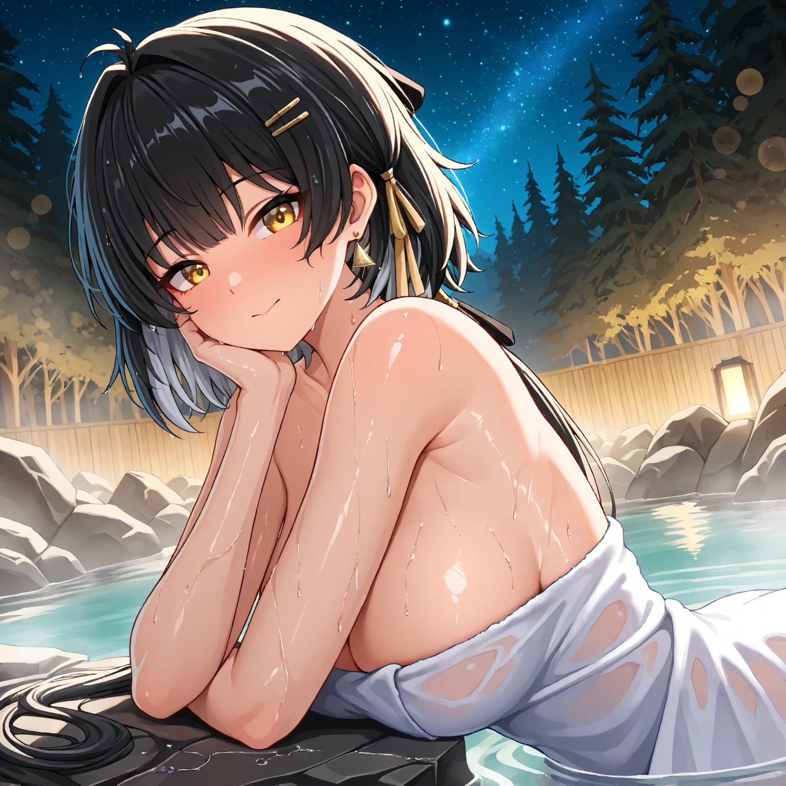 masterpiece,best quality,ultra detailed　,1girl　 ,black hair　 ,medium hair　 ,wavy hair Full-Body hot spring　Completely naked　night　Light　Alone with a man