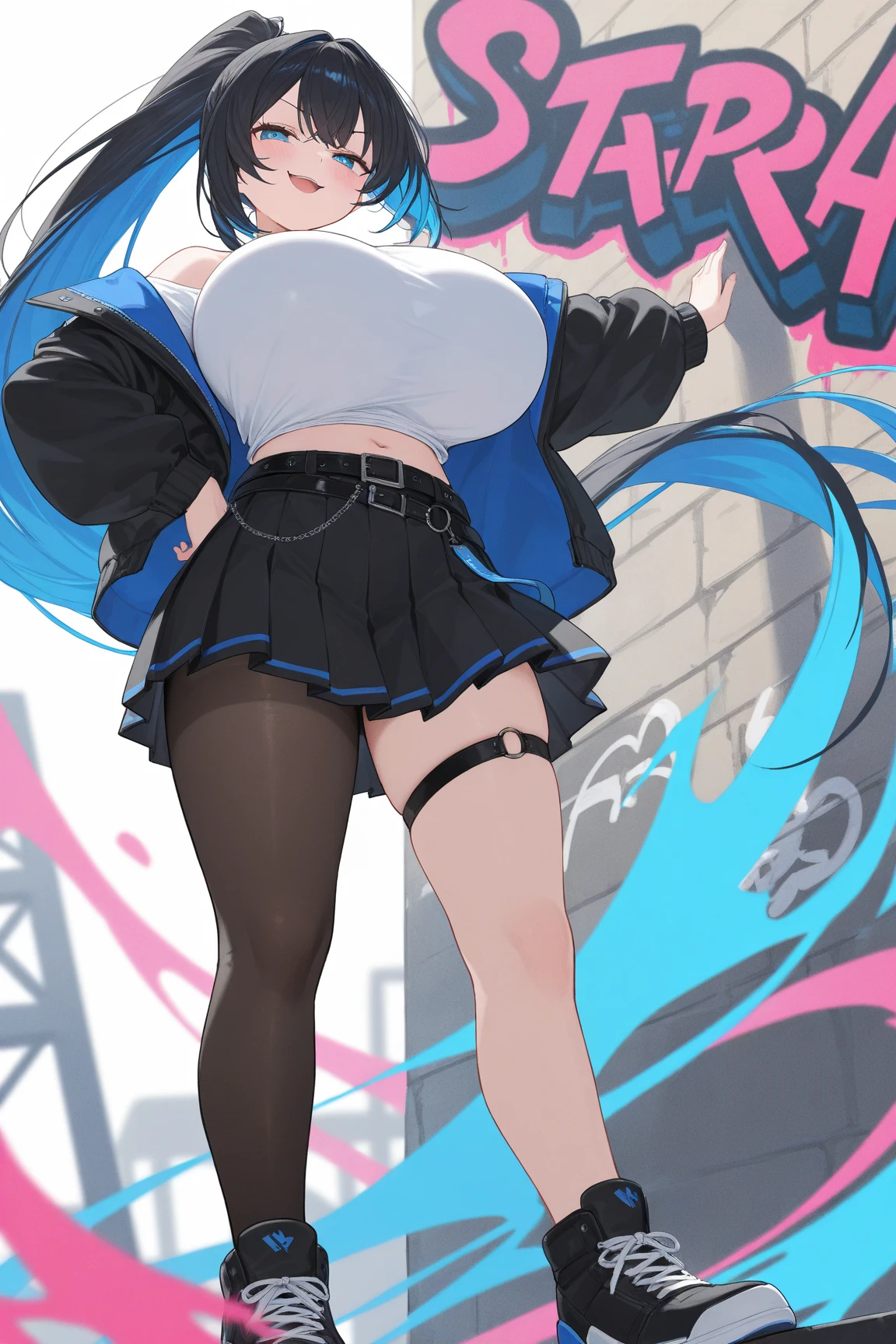 ((best quality)), ((masterpiece)), (detailed), 1 Girl, Miniskirt,Double tail,good body shape,Big breasts,BIG ASS,蓝色Miniskirt,Transparent Clothes,wet,Below the scene,Back,Super short pleated skirt,Double tail ,Transparent Clothes,wet,Thin waist