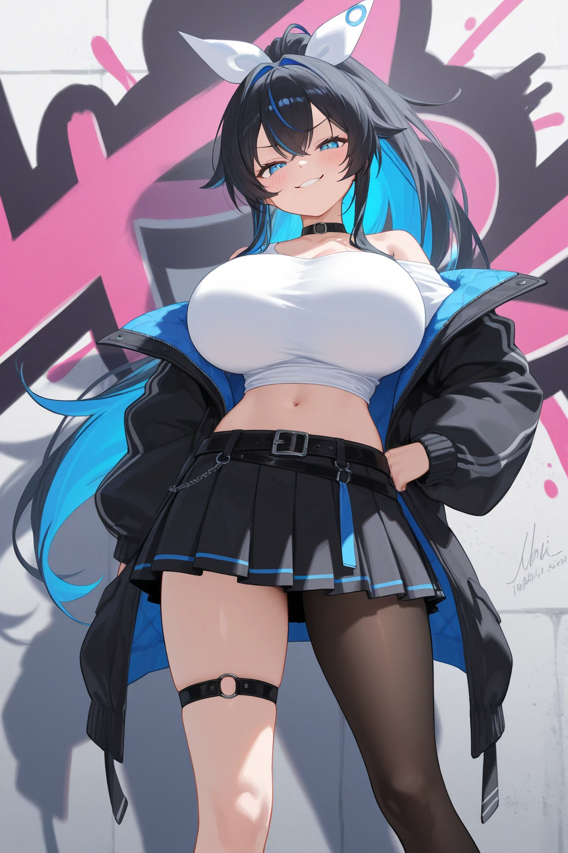 8K, Attractive, intensely detailed, 20 Year Old Girl, sexy and attractive woman with dark, black hair. She has beautiful sky-blue eyes with a heart inside. She is dressed in white, short and unbuttoned shirt. She is wearing a blue miniskirt. Her skirt is lifted up, and from under the skirt we see sexy, black lace panties with bow. A sexy body is seen along with a bare belly and chest.