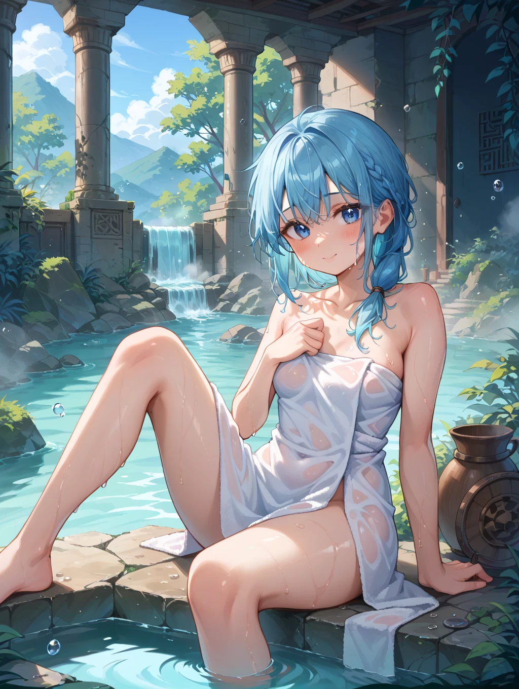 flat chests, nsfw, masterpiece, 1 girl, erect nipples, intricately detailed, topless, navel, bare shoulders, necklace, blue hair, embarrassed, loincloth, sea, rock, gold trimmings, gold circlet, lake, blue sky, extremely detailed, photorealistic, octane render, 8 k, unreal engine, bare breasts, , closed eyes, carrying staff, blue gemstone, fantasy, enchanted, trident, magical, mage, bare stomach, sweaty, moist breath, child, arm strap, 1 side braid, in water, submerged, atlantis, gold crown