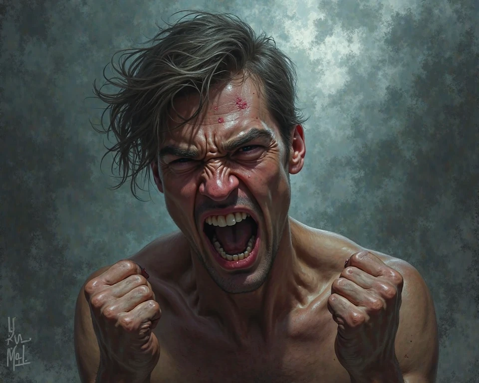 drawing of a man with a fist punching his face, anger. hyper detailed, epic pencil illustration, enraged, hyper realistic illustration, angry and pointing, violently fist fighting, pissed off, frustrated detailed, dramatic artwork, hyperrealistic illustration, dramatic illustration, angry man, angry expression, award - winning pencil drawing, screaming. not realistic, stunning artwork