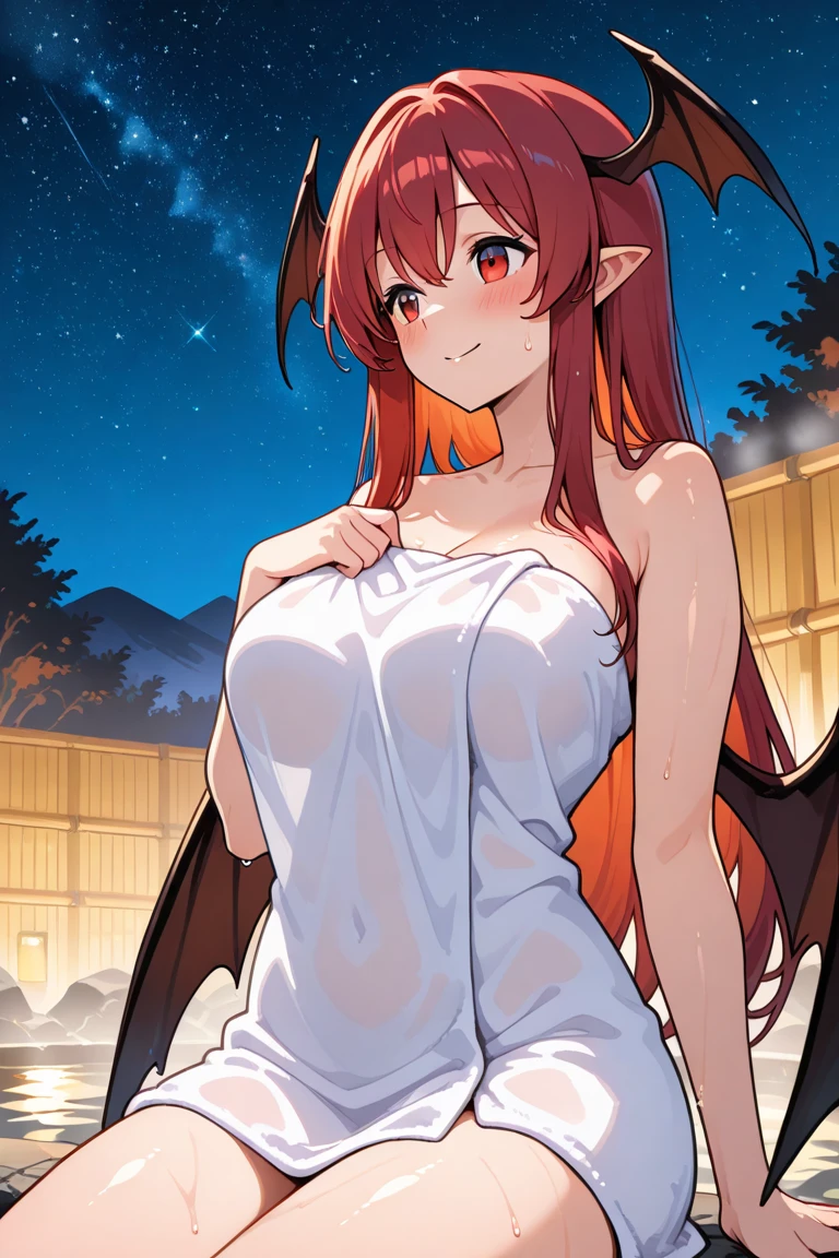 MariSetogoya, 1girl, long hair, red eyes, red hair, wings, pointy ears, fang, bat wings, demon wings, large breasts, navel, cleavage, collarbone, best quality, (Best Illustration), 8k Resolution, Intricate Details, Best Quality, Realistic, Ultra Detailed, Best Lighting, Best Shadows, Ultra HD, 2B(NieR) dress, tsundere, Model Face