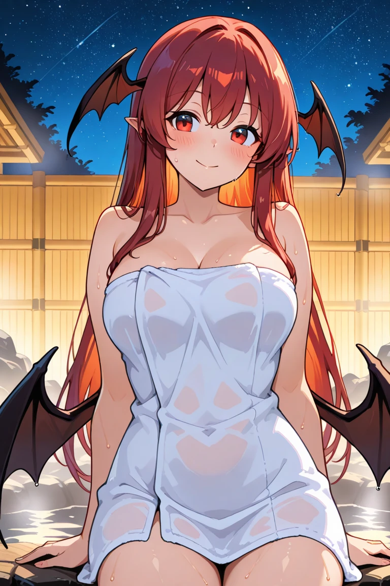 28 years old,Succubus,Red Bikini,Tight waist,A beautiful woman,Dark brown hair,Big Breasts,Outdoor,Beach,Rock Shade,Goat horns on the sides of the head,bat wings on the back,,Provocative smile
