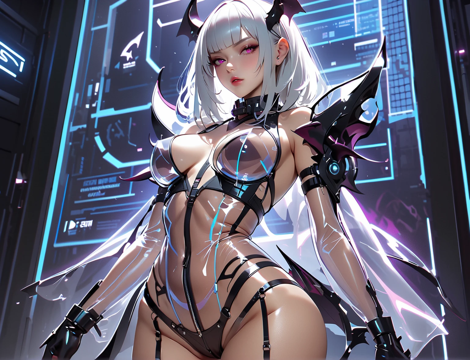 A female robot modeled after an evil demon.　Body with exposed machine　The head has horns extending on both sides.　The skin is blue　Tem asas de morcego nas costas.　Leaves&#39;do diabo&#39;o rabo crescendo na minha bunda