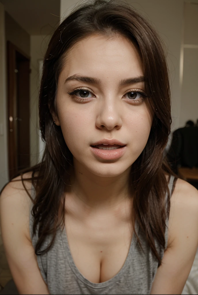 ((La mejor calidad)), ((detallado)), 8K, mujer pelo negro, 24-year-old hyperrealistic, modo selfie para instagram, , mirada sexy, sentada en la cama, Ultra Definition, (photoreallistic: 1.4), 8k, calidad premier, fondos detallados, cara delicada, maquillaje natural, foto raw, iphone, HDR, Coqueteando con el espectador, apartamento de lujo, de espalda, buenas caderas, culo grande