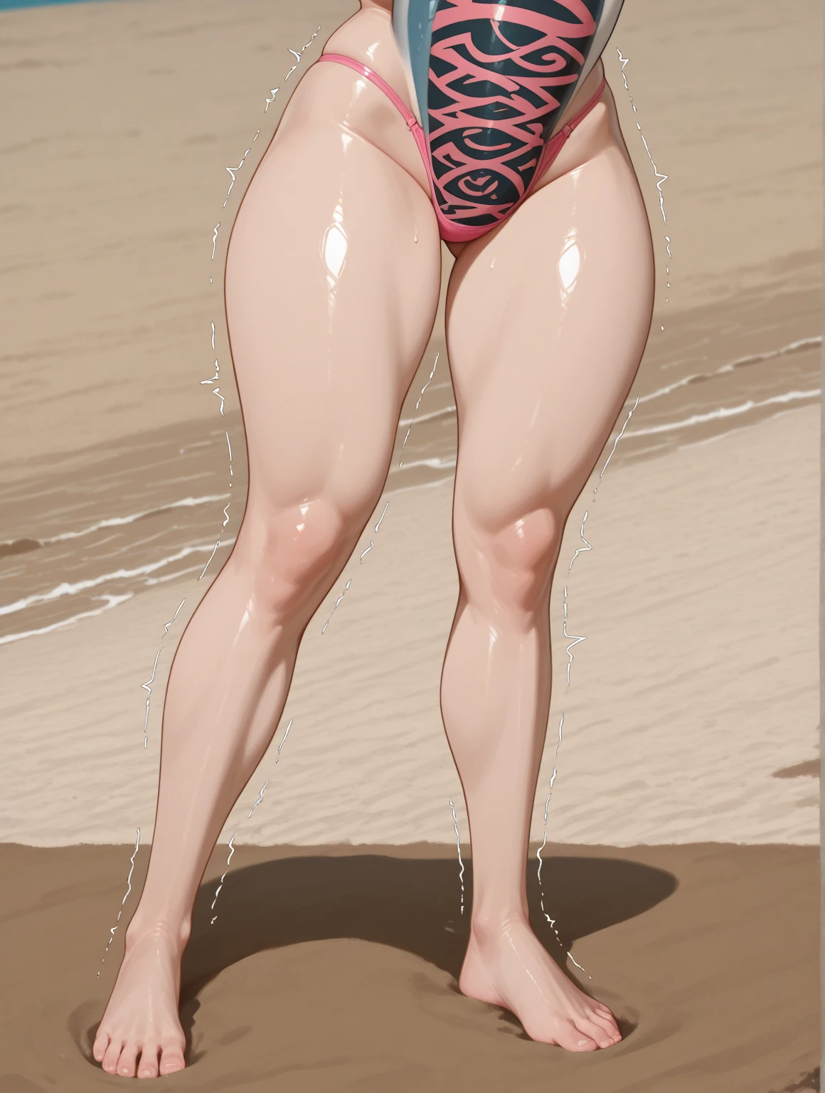 A tall woman, of Brown hair, with some glasses, with short hair, dark-skinned, with big breasts, Wide hips, big butts, boluctuous body, wearing a thin red bikini, with mesh malls, walking on the beach