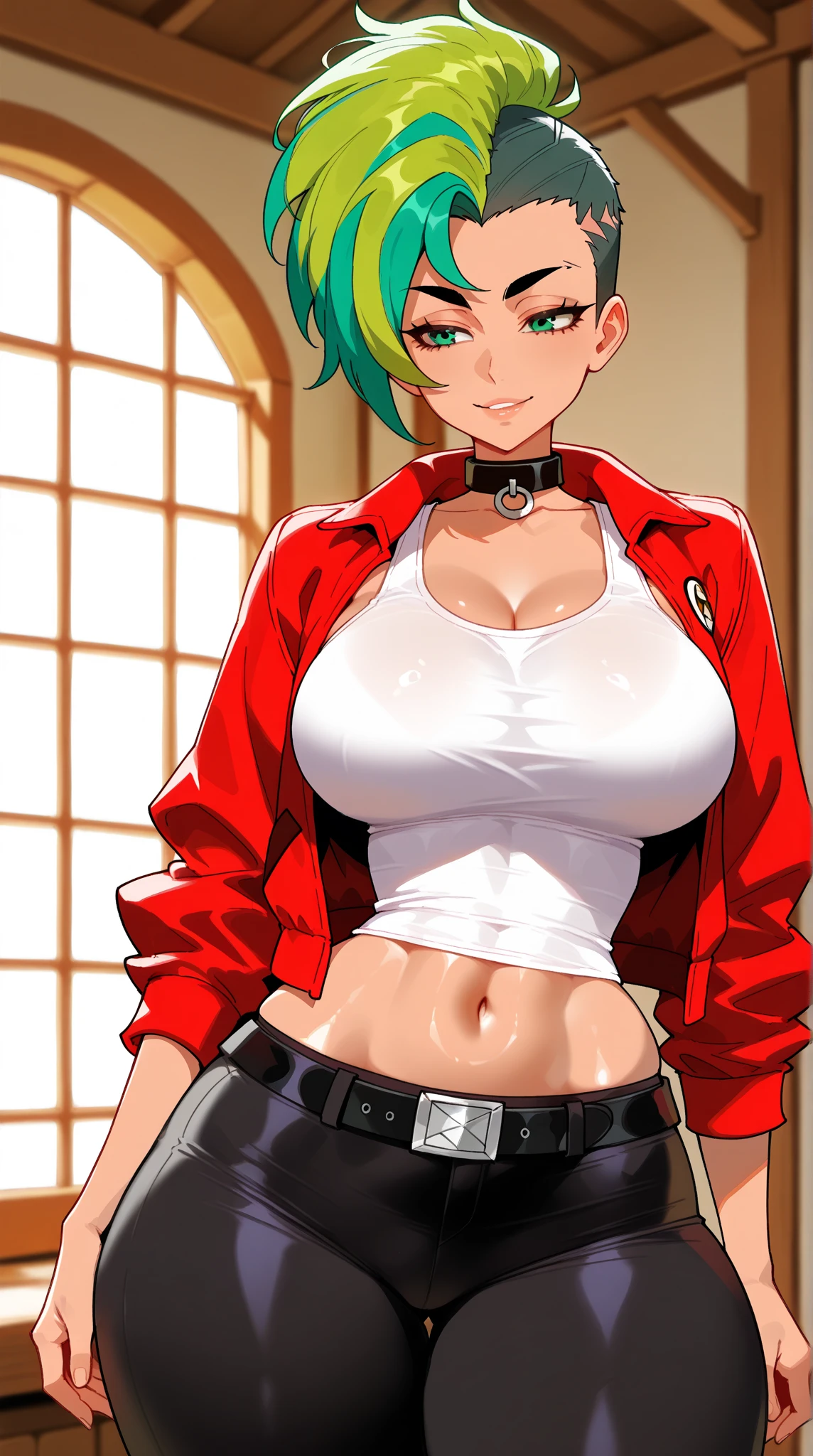 RAW photo, (high detailed skin, detailed eyes:1.1), intricate details, best quality, 8k uhd, soft lighting, Vegetto, breasts, (female:1.2), 1girl, earrings, jewelry, white gloves, spiked hair, dougi, smile, blonde hair, green eyes, super saiyan, bikini, jacket over, sexy, at bar, bartender 