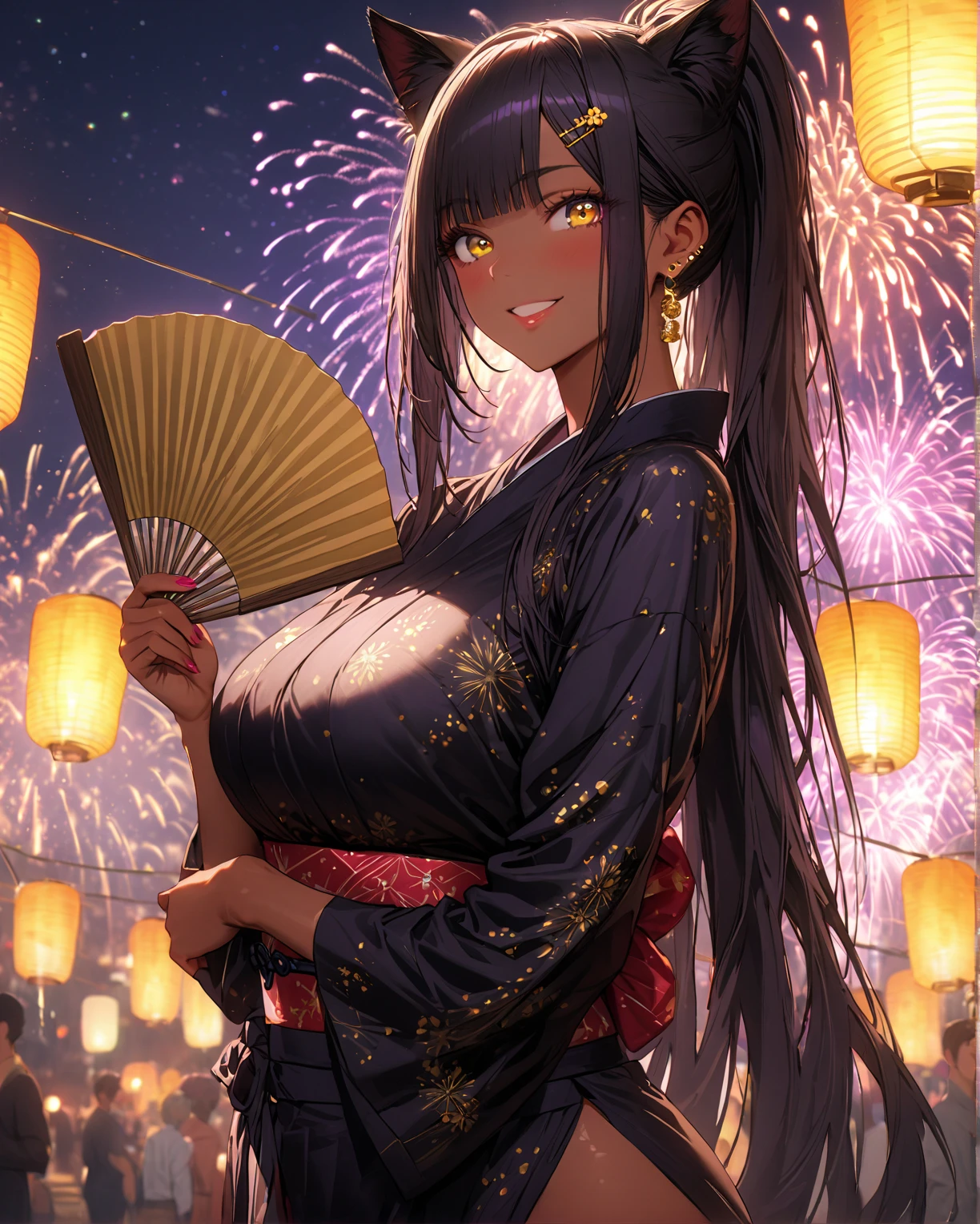 (highest quality)), ((masterpiece)), (family friendly), Perfect Face,Shiny skin,Beautiful breasts,Shiny skin、Kyoto Animation style painting、Hair、Golden Eyes、Sunburned skin、night、Braided Hair、(((firework)))、(((night)))、Sit on a bench、(((Sweat)))、(((wet)))、
、Off the shoulder、kimono、((stall))
、profile、(((Holding a fan)))、smile、Looking up at the sky