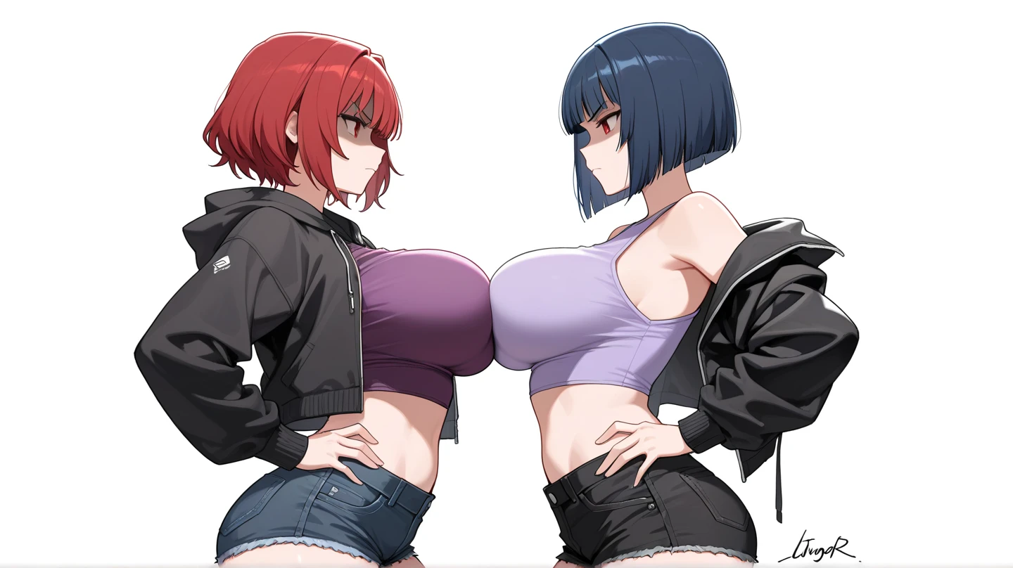2 heads, a shirt skinny woman with 2 heads. Inside a dark crowded strip club. Stripping on stage. Dancing. Short straight red hair. Four breasts, four tits. Multibreast. Bratty, bitchy. Gorgeous young face. Horny, aroused, horny expression. She has baggy eyes. Topless, wearing shorts. Four tits. Four big breasts. 