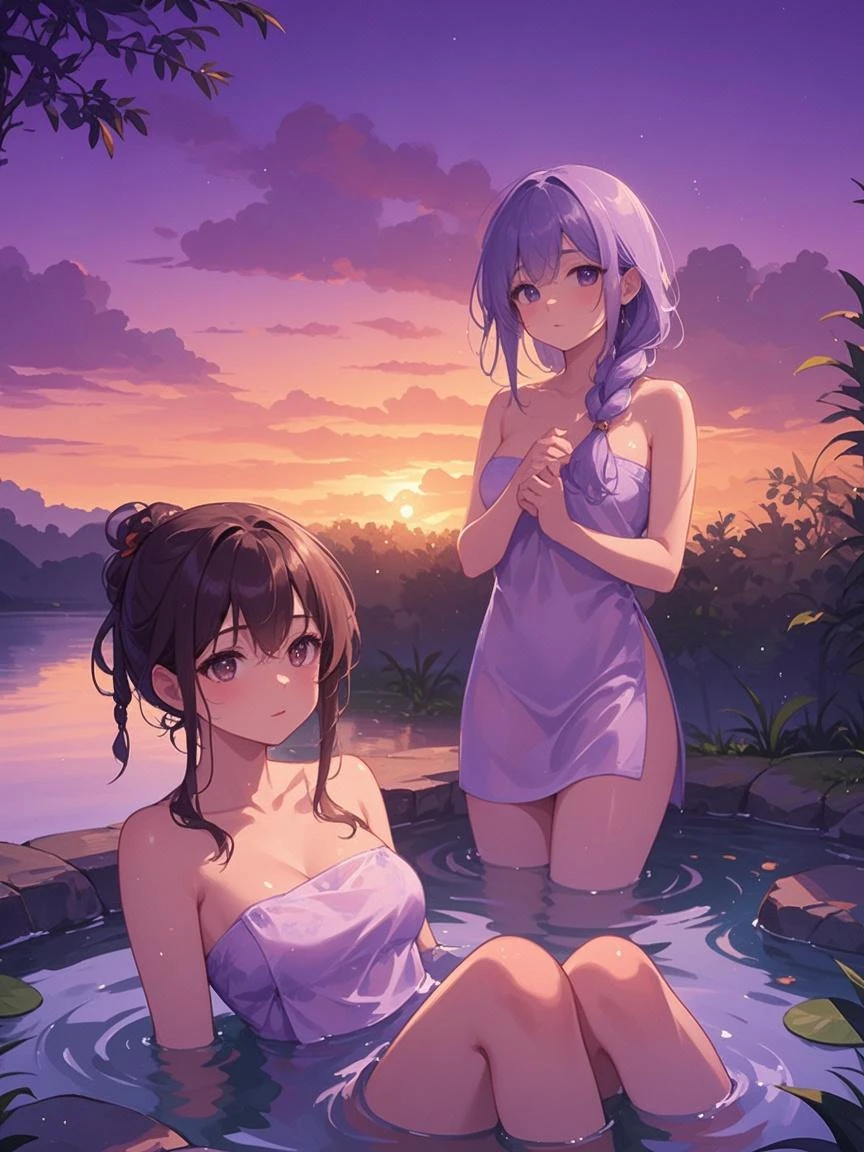 two characters bathing in the hot springs at night, they have their hair tied up from Japan anime style art