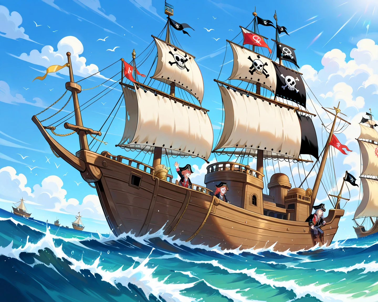 One piece, pirate flag representing a pirate crew of fishermen but under the cover of a fishing company