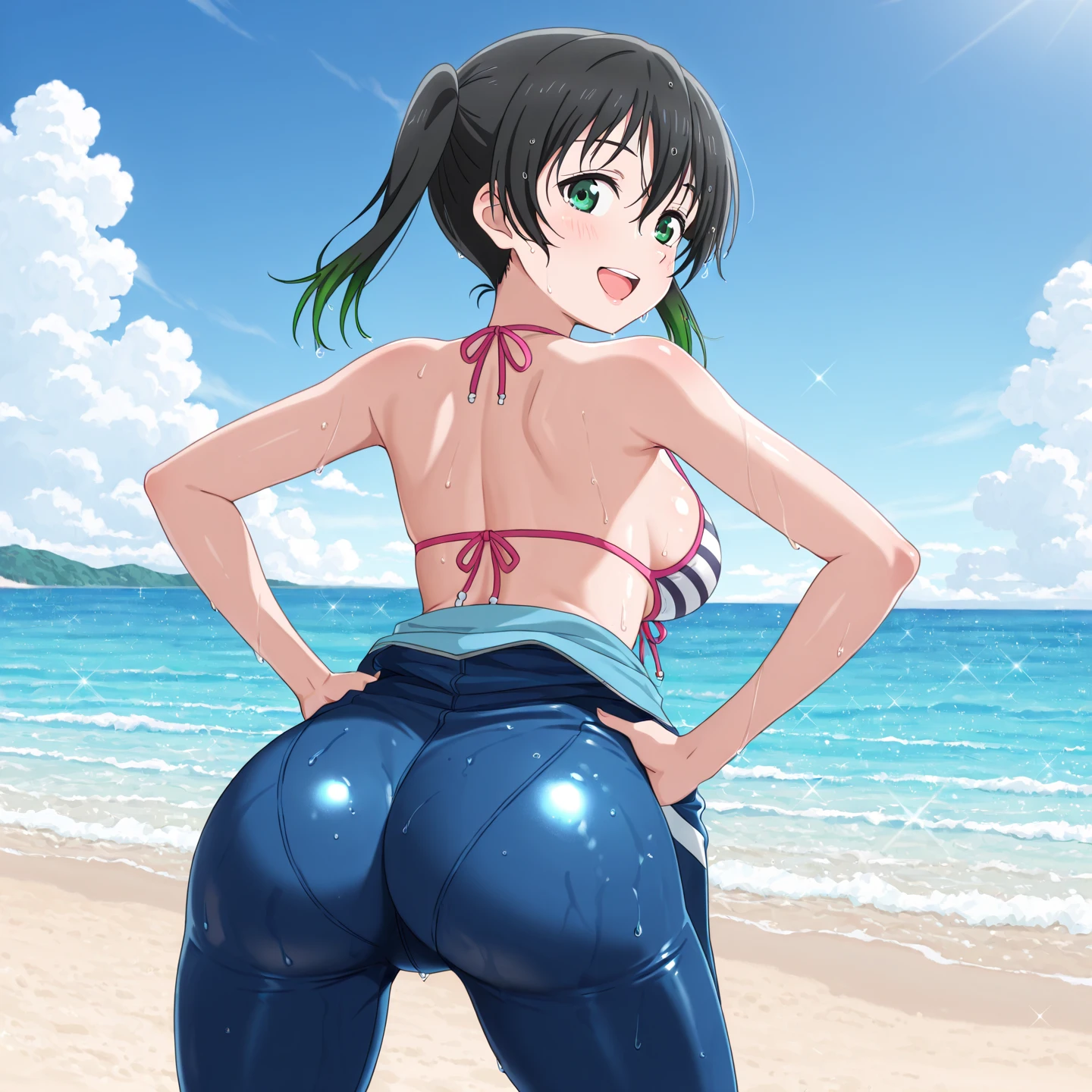 (Perfect body),Best Quality,(8K Portrait),(Official art)、(NSFW)、(((muscular)))、(Police Hat)、Navy blue jacket、embarrassed from、1girl in,(Grinning smile)、((One eye is closed))、(((thick thighs)))、 ((Surprised))、(((blush))),(Sweat),((large udder))、(((big butts)))、(Dark hair),((bob cuts)),Short hair, (Yellow eyes),(((Navy blue striped bikini)))、Black knee socks、((lying back on、from behind、posterior view))、(the beach)、