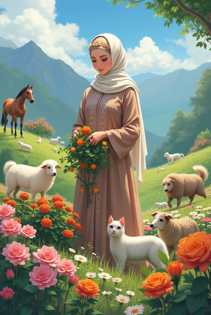 Beautiful muslim girl playing with an little goat with sunlight behind the waterfall 