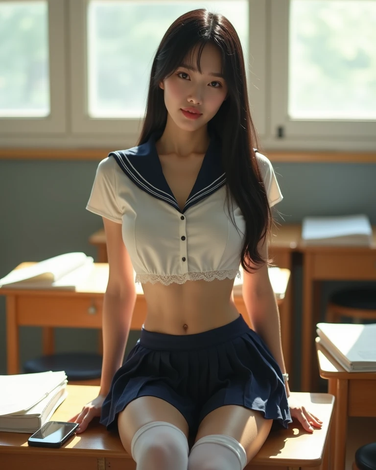 absurdres, RAW photo, extremely delicate and beautiful, masterpiece, Best Quality, ultra high resolution, 16k, hyperrealistic, ultra-detailed, Very detailed CG 8k wallpaper, Beautiful Lighting, Perfect Lightning, Realistic Shadows, perfect anatomy, super Detailed skin, perfect figure, Japanese woman, late 20s, very Slim body, narrow waist, very small head, handsome detailed woman, very detailed eyes and face, realistic face proportions, Stunning detailed eyes, Realistic beautiful face, very small face, Realistic small beautiful eyes, double eyelids, makeup, tearful mole, mole on chest, earring, bare legs, beautiful and very thin legs, beautiful and very thin thighs, (((very huge round breasts))), (full body shot), (short hair), wavy hair, ((korean school uniform, summer school uniform shirt)), sleeveless,