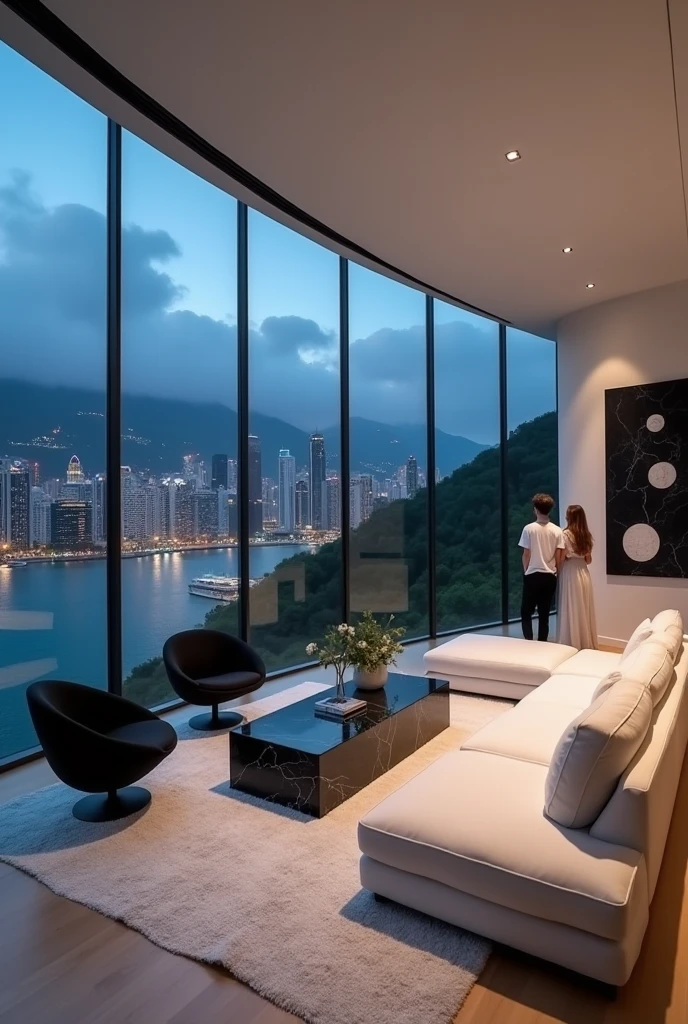 Sea Flower Island 108th floor apartment, Hainan,Five bikini girls sitting in living room watching TV,There is a little six-month-old corgi playing next to it,There are also some bonsai,Canon shooting,Enjoy a panoramic view of Sea Flower Island with a telescope