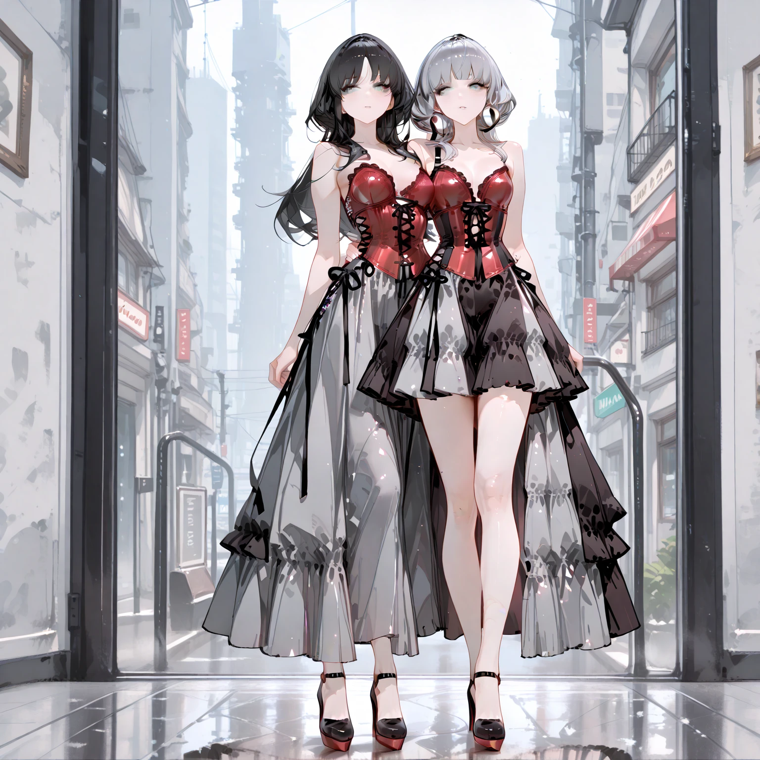 A medium shot of a beautiful young woman and her even more stunning sister. The two are together holding hands strolling down a New York street on a Saturday night on their way to the party areas.