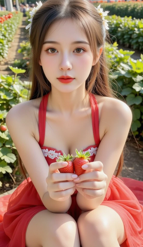 ((Best image quality、8k、masterpiece:1.3))、and、Beautiful woman with slim abs:1.3、(Blonde straight long hair、Super Boobs:1.4)、Strawberry Field、((White dress))、((Holding strawberries in both hands)), Picking strawberries、((Spread your legs)), Super detailed face、Delicate eyes、double eyelid、Soft Breasts、Smiling expression、Super exposed cleavage、Whole Body Ezbian