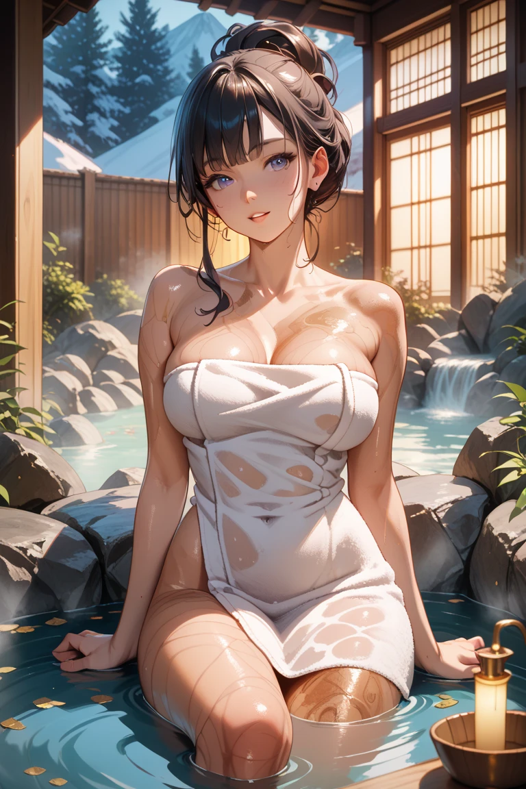 masterpiece, best quality, shizune, onsen, naked towel, large breasts, blushing, looking at viewer