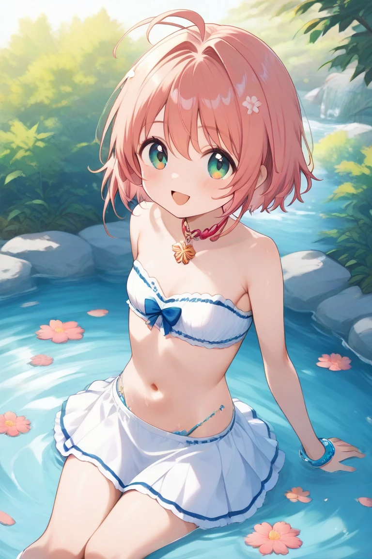 photoRealstic、Doll standing in front of the painting(nendroid)、A smile、Water droplets on the cheeks、Put your hand to your mouth and smile、Sengai、pixiv、rokoko、dollfie dream、watercolor Nendoroid、(High Definition Figure)、Flowing iridescent silk、up of face、Eye Up、Bikini swimwear、There are also flowers in front of the nendroids、flower petals、water dripping、season!!: 夏天☀ 🍂