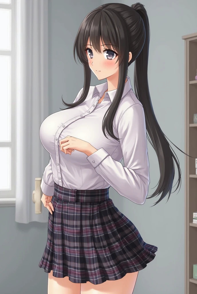 extremely detailed CG unity 8k wallpaper, beautiful detailed girl, beautiful detailed face, beautiful detailed eyes, glawing eyes, perfect shadow, masterpiece, best quality, perfect skin, shiny skin, perfect hands, perfect girl, 1 girl, (huge breasts:1.1), standing pose, skirt lift, in coffee store in night, cameltoe, (smirk face:1), parted lips, wide hip, wet body, looking at viewer, lace-trimmed white panties, (suzuhara lulu:1.4)