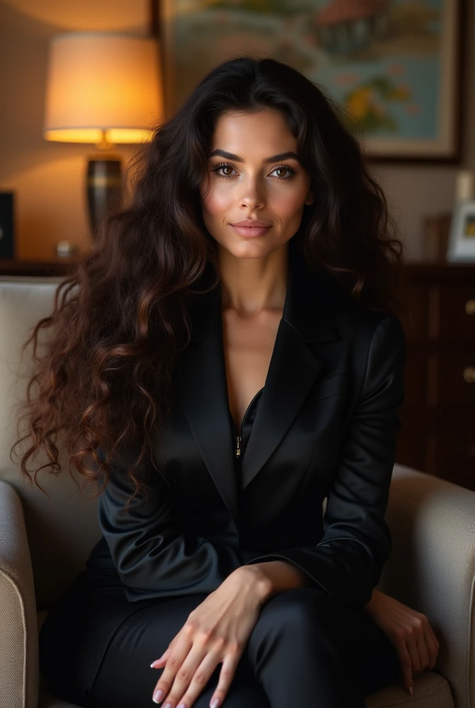 (photorealism:1.2), beautiful woman, sitting on bed, wearing suit
, , long curly hair, indoors, soft lighting, plants in background,